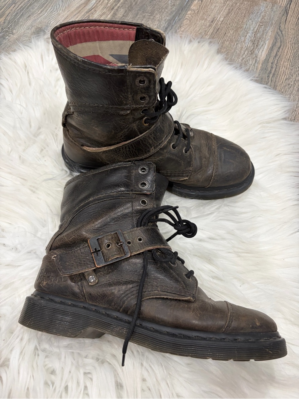 Dr. Martens Brown Leather Lace-Up Buckle Combat Boots